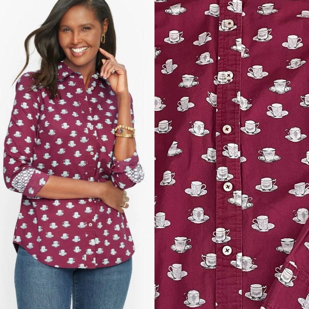 Talbots Burgundy Tea Time Button Front Shirt‎ Tea Cups Print Medium